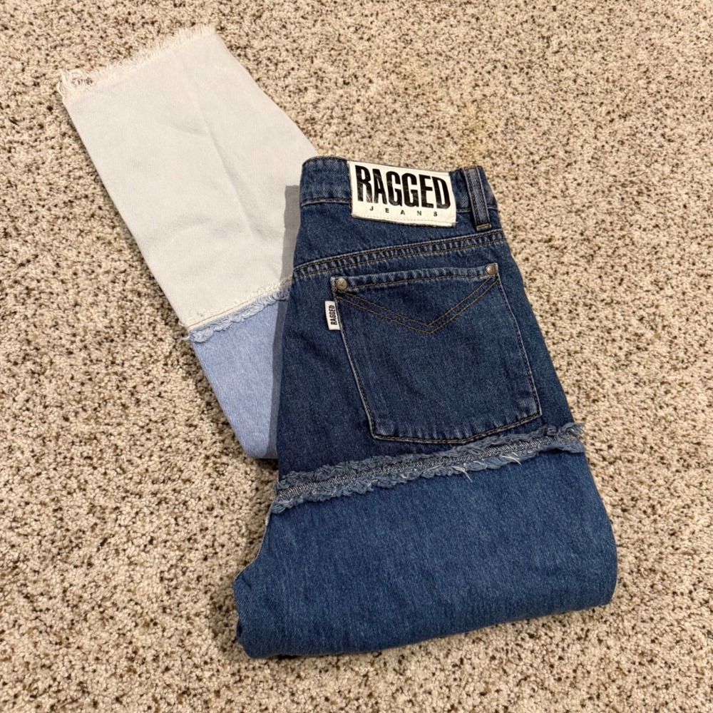 The Ragged Priest Ragged Jeans Two Tone Blue Light Wash Frayed Hem Size 28